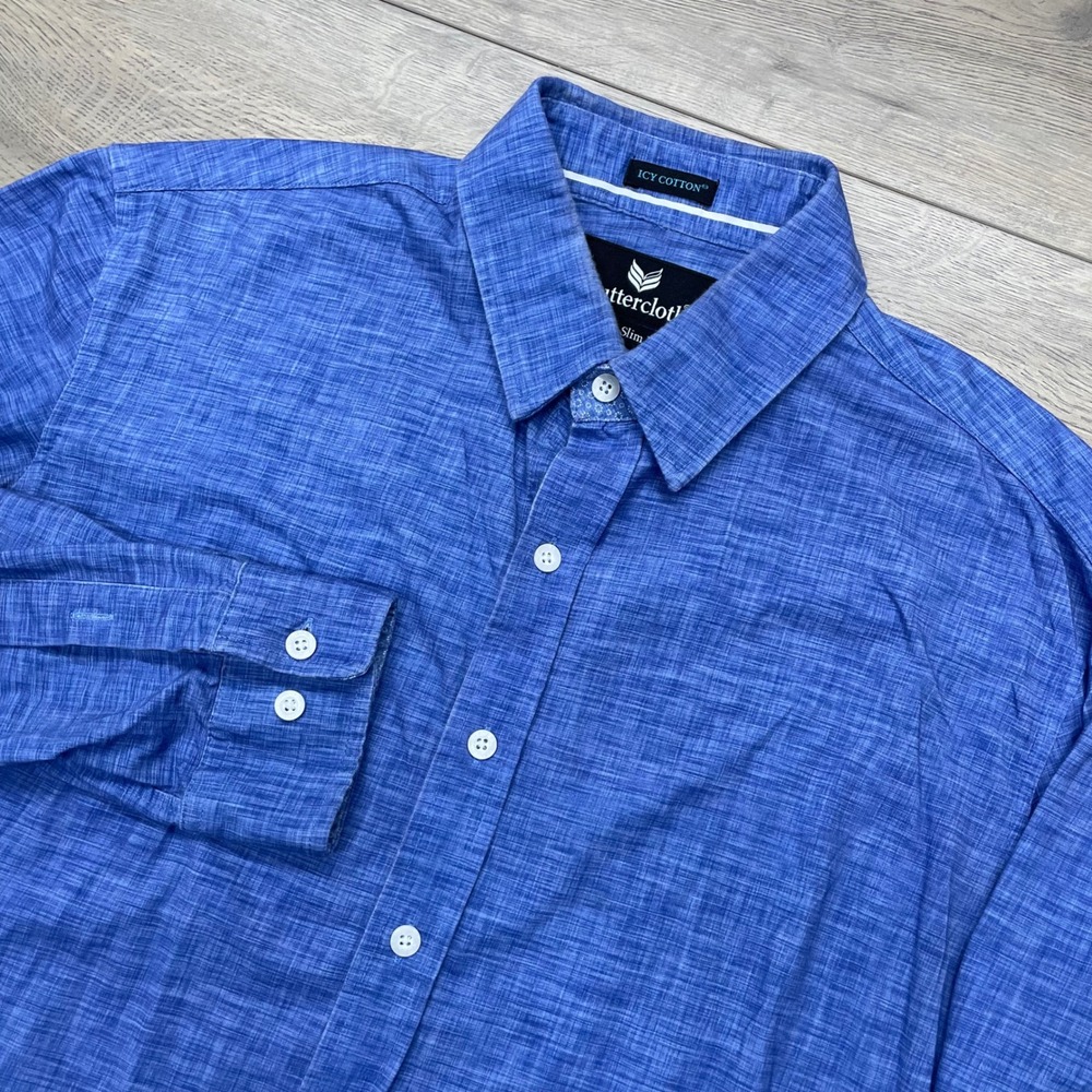 Buttercloth‎ Icy Cotton Button Down Shirt Mens Large Blue Slim Fit Long FAIR